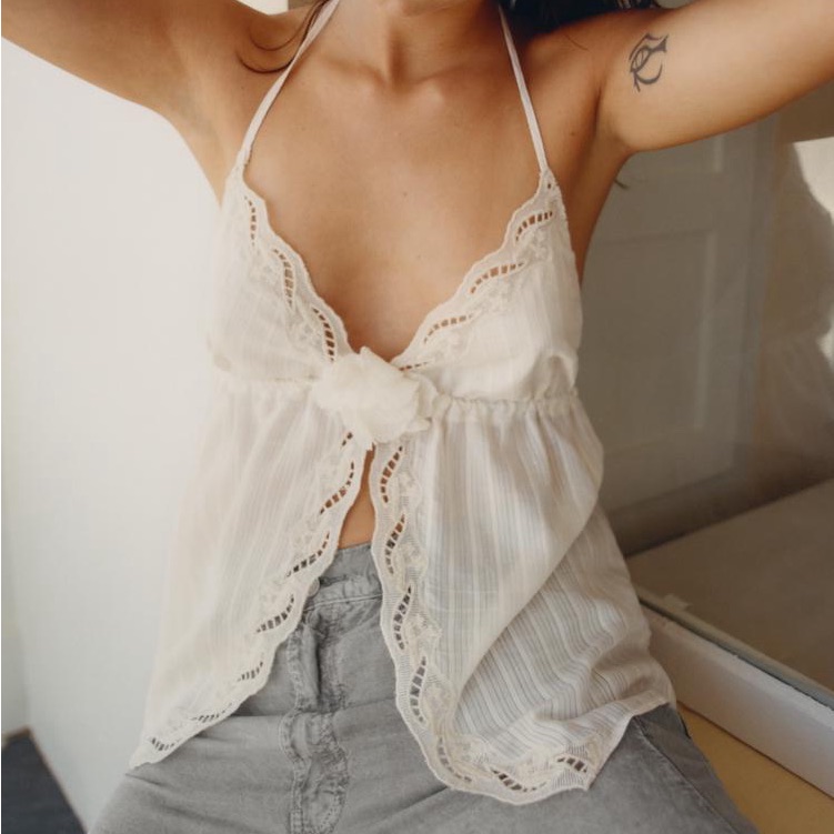 New Zara Flower Halter Top In Bone - Medium